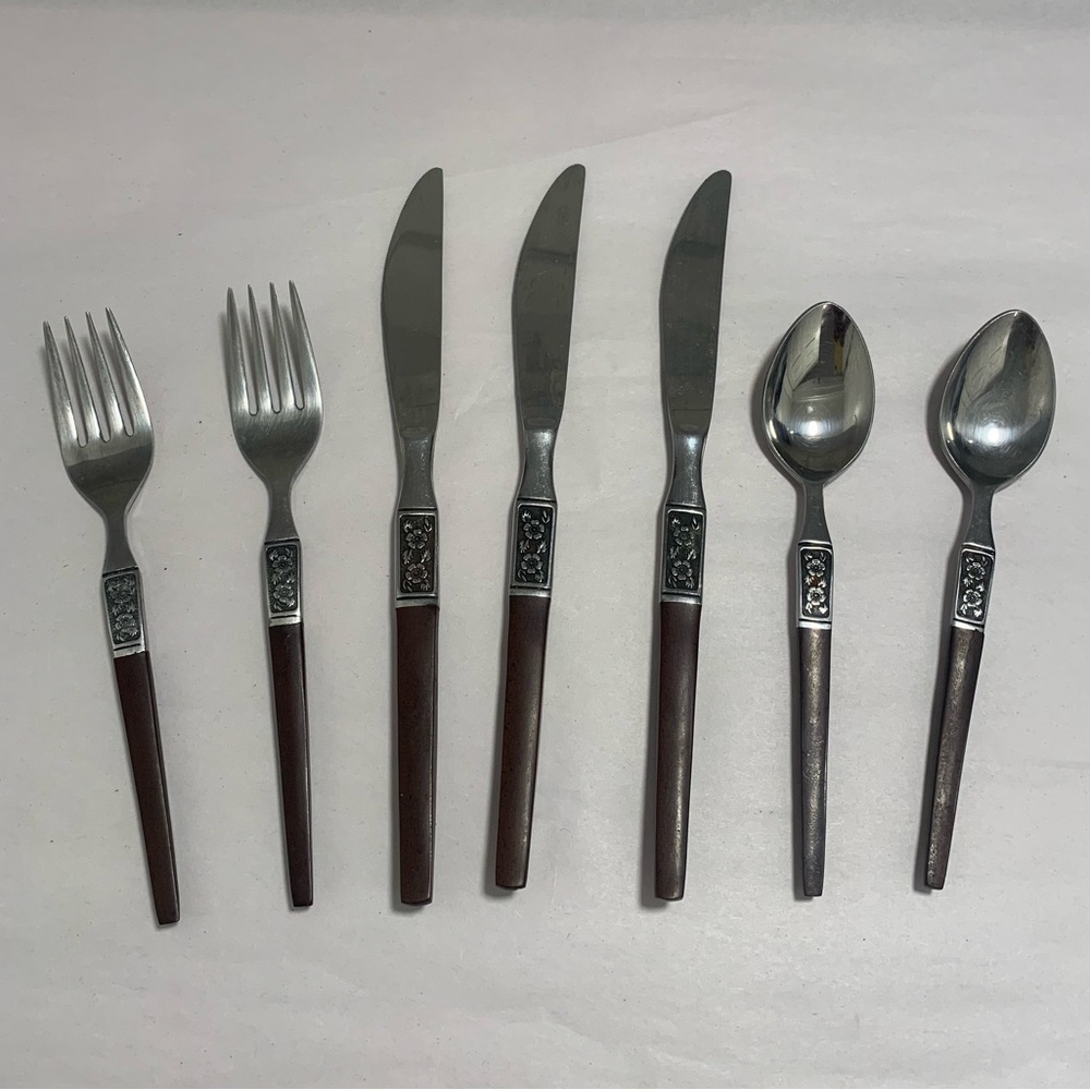 VTG MCM Ecko Eterna. EKS14. 7-Piece Flatware Lot. Forged Stainless, Floral.
